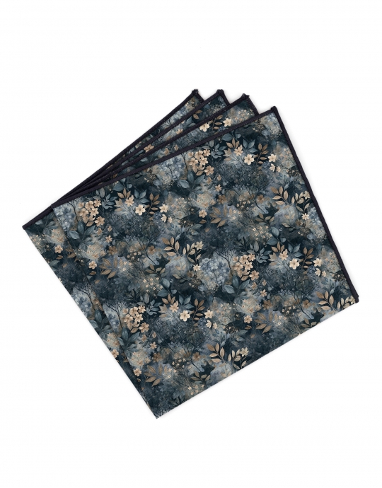 SHARI - FLORAL POCKET SQUARE - NAVY BLUE & BEIGE