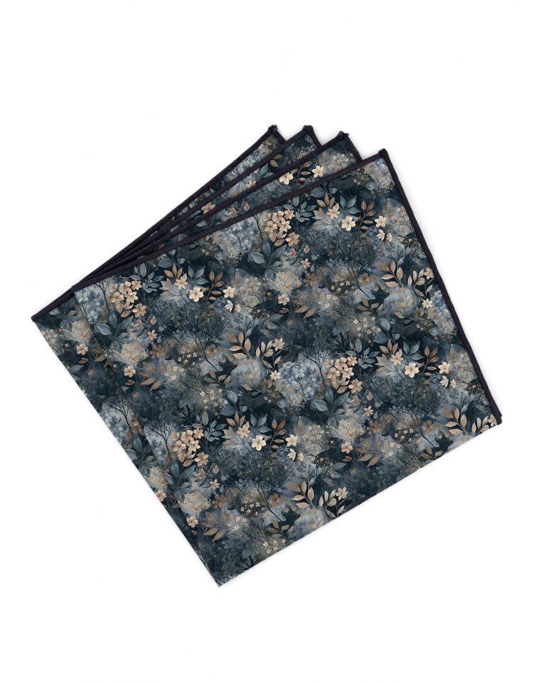 SHARI - FLORAL POCKET SQUARE - NAVY BLUE & BEIGE