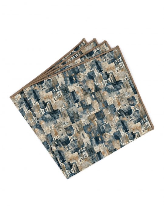 SHUDO - POCKET SQUARE - BLUE, BEIGE & OCHRE
