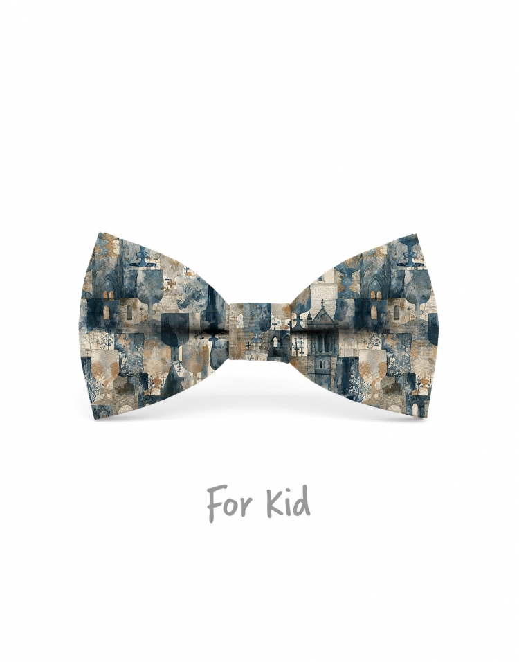 SHUDO - KID or TEEN BOW TIE - BLUE, BEIGE & OCHRE