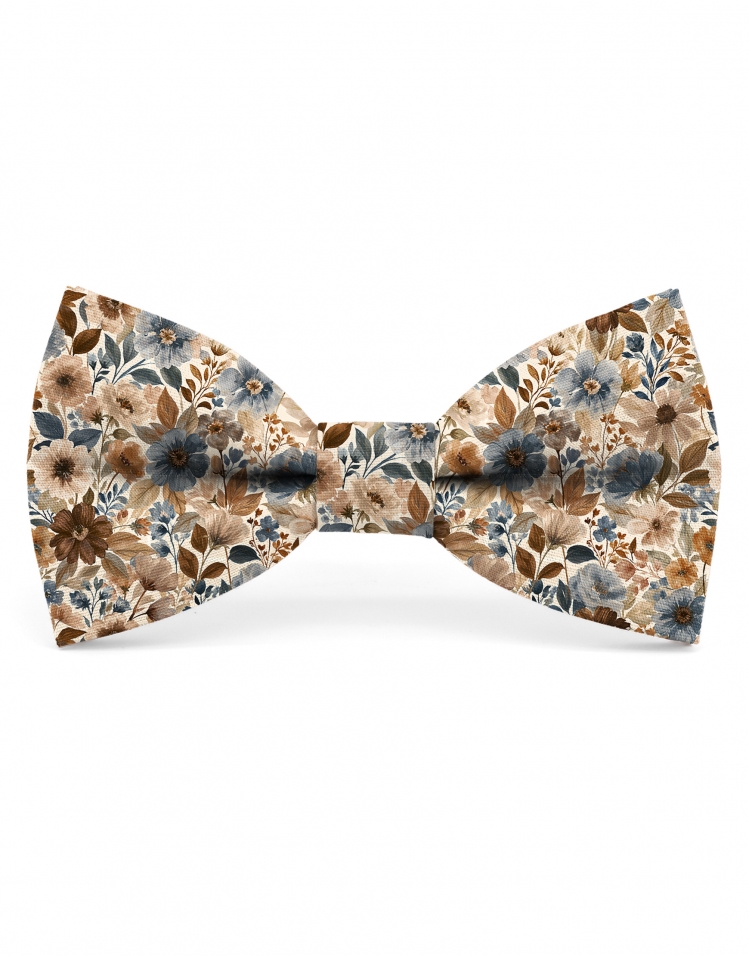 TOBIRA - NOEUD PAPILLON FLEURI - CLASSIC - BLEU, BEIGE & BRUN