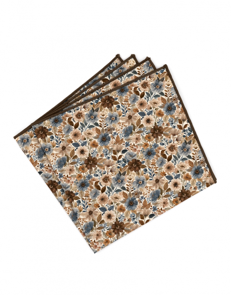 TOBIRA - FLORAL POCKET SQUARE - BLUE, BEIGE & BROWN