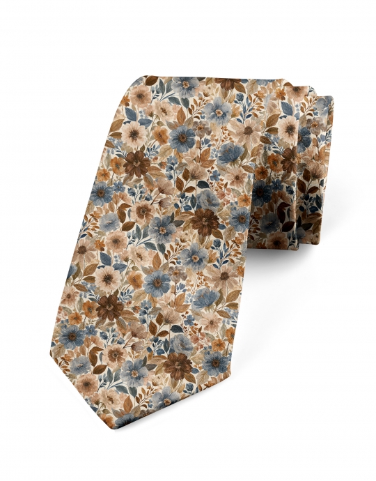 TOBIRA - CRAVATE FLEURIE - BLEU, BEIGE & BRUN