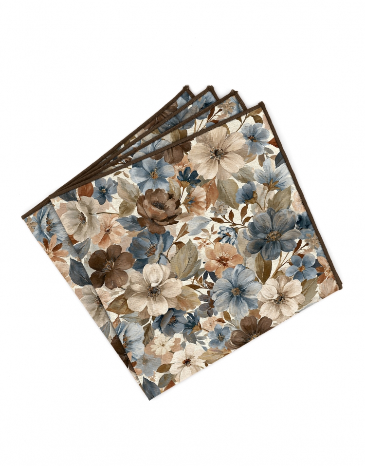 OBAKO - FLORAL POCKET SQUARE - BLUE, BEIGE & BROWN