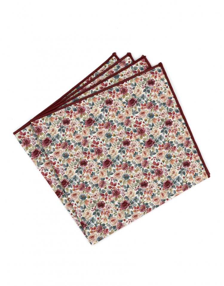 ENIWA - FLORAL POCKET SQUARE - BURGUNDY, PINK & TEAL