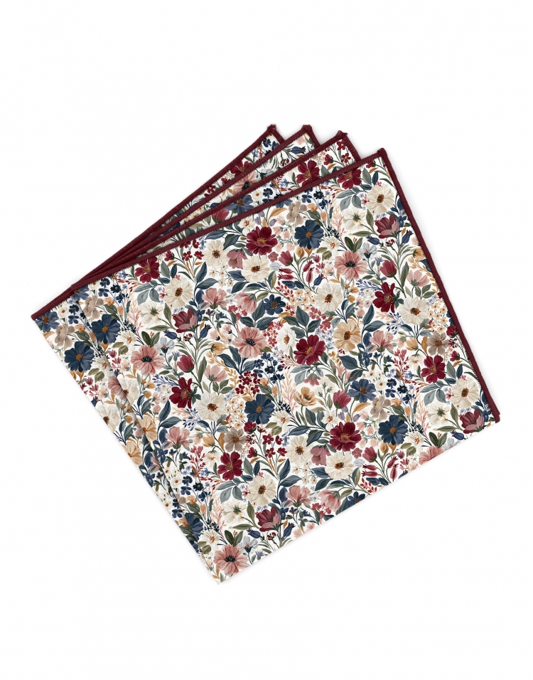 TOYONI - FLORAL POCKET SQUARE - BURGUNDY, PINK, BLUE & BEIGE