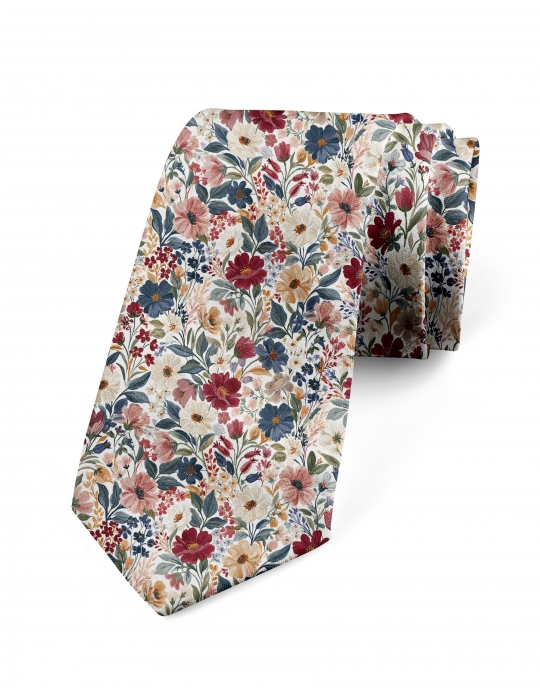 TOYONI - CRAVATE FLEURIE - BORDEAUX, ROSE, BLEU & BEIGE