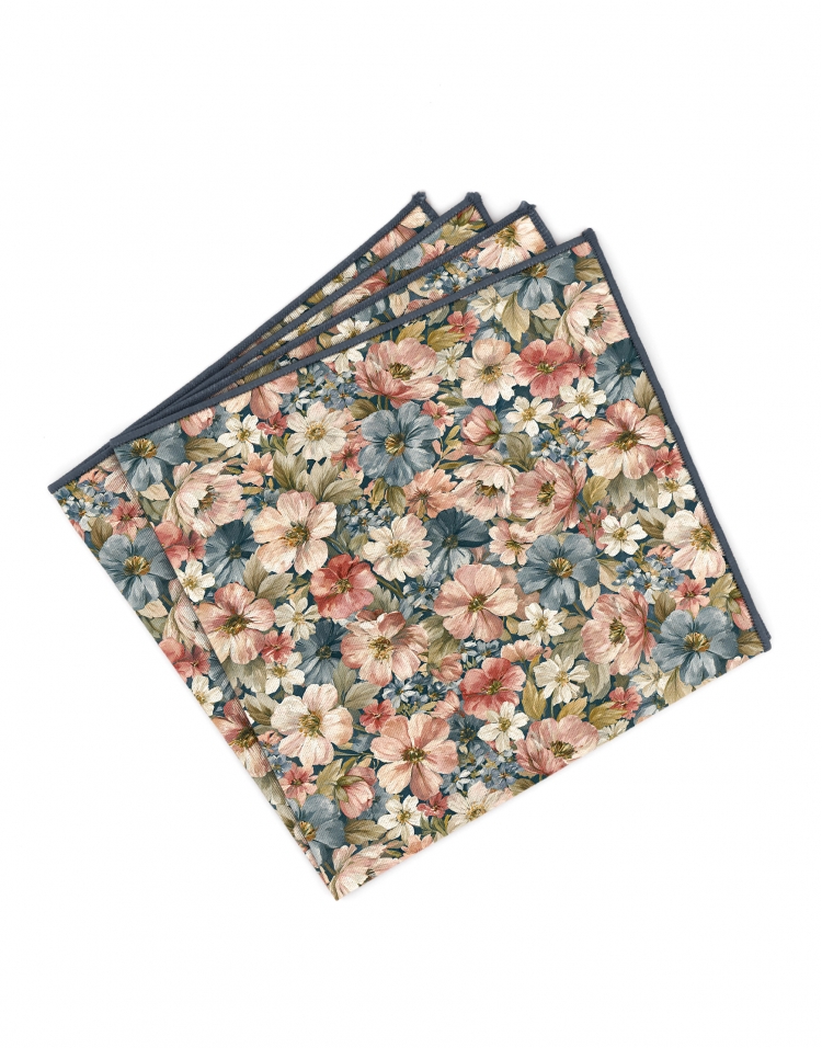 TESHIO - FLORAL POCKET SQUARE - PINK, BLUE & KHAKI