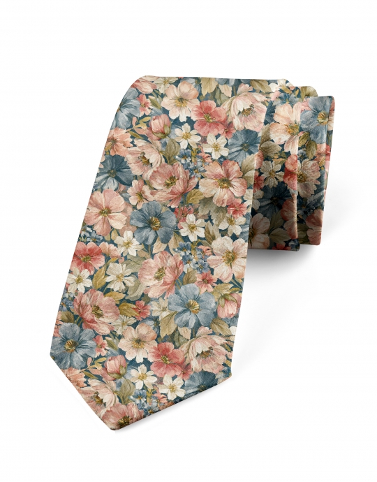 TESHIO - CRAVATE FLEURIE - ROSE, BLEU & KAKI