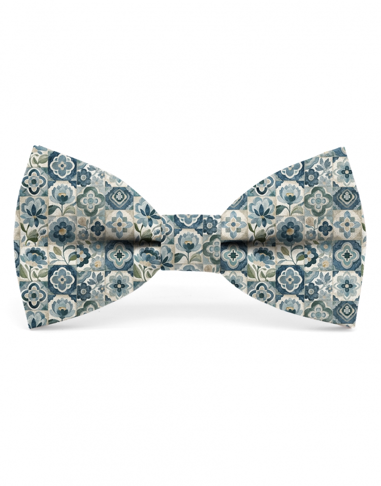 SUKAI - NOEUD PAPILLON FLEURI - CLASSIC - TURQUOISE, SARCELLE & BEIGE