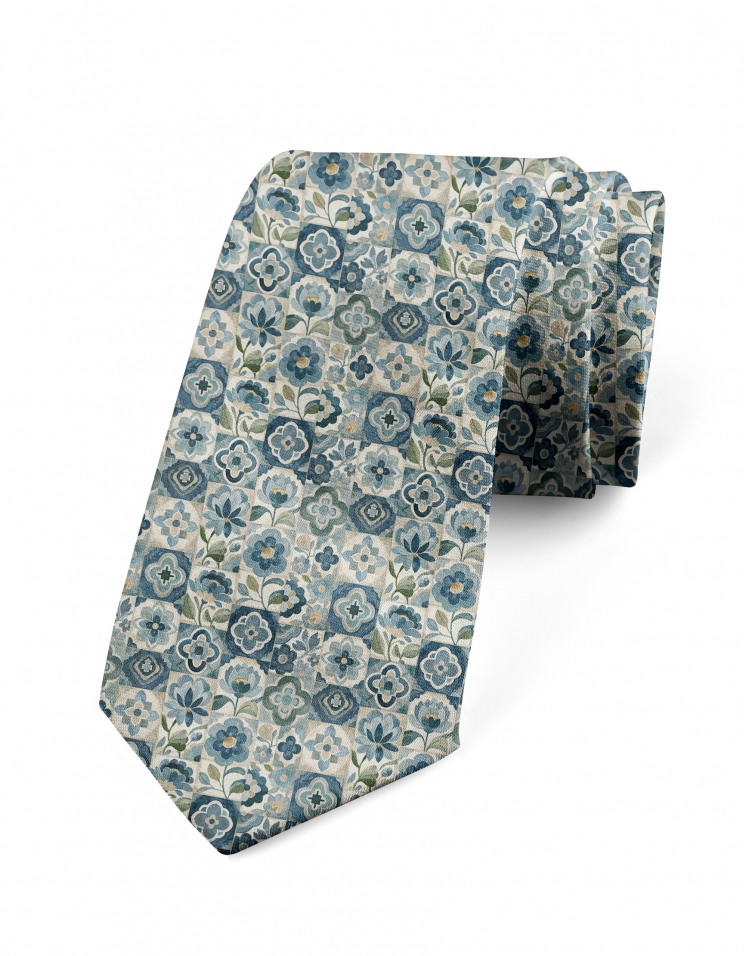 SUKAI - CRAVATE FLEURIE - TURQUOISE, SARCELLE & BEIGE