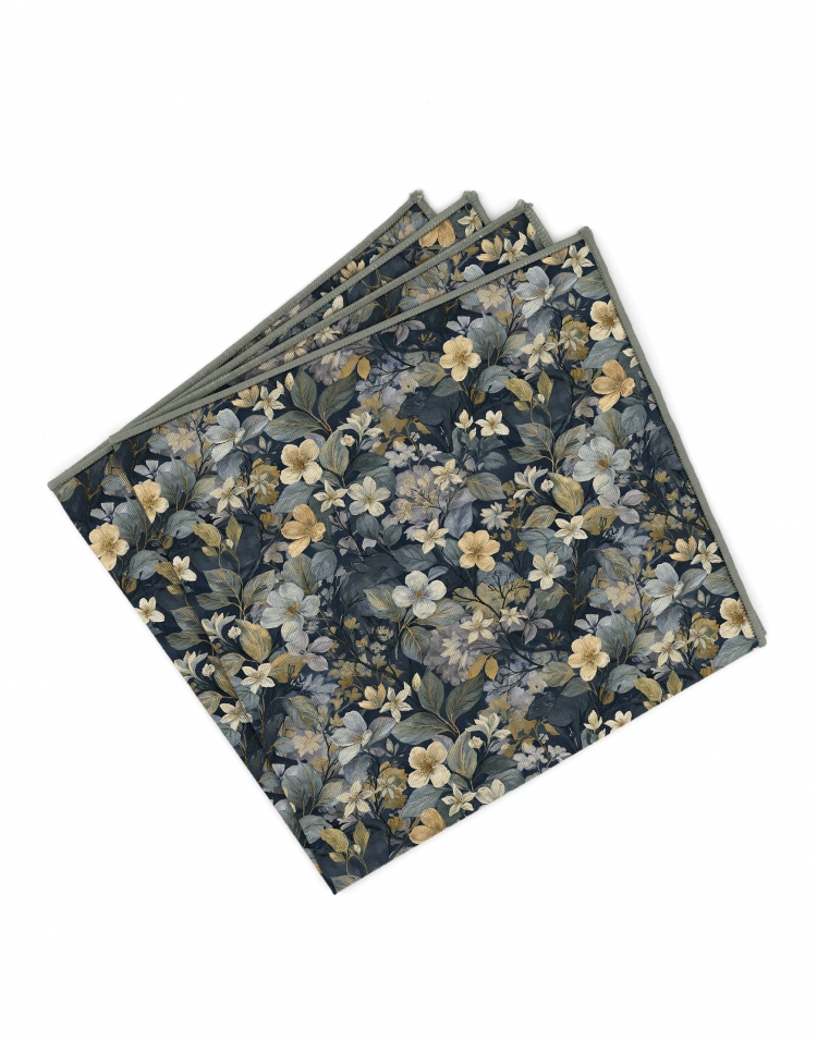 IWABE - FLORAL POCKET SQUARE - NAVY BLUE, BEIGE & LILAC