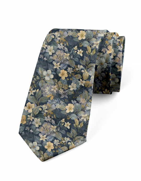 IWABE - CRAVATE FLEURIE - BLEU MARINE, BEIGE & LILA