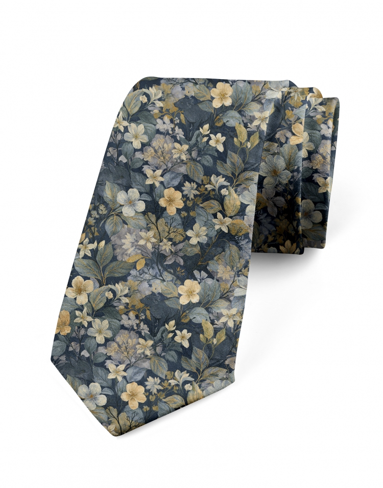 IWABE - CRAVATE FLEURIE - BLEU MARINE, BEIGE & LILA