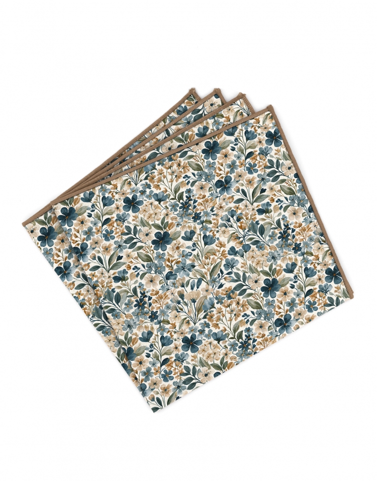 OSORE - FLORAL POCKET SQUARE - PETROL GREEN & HONEY BEIGE